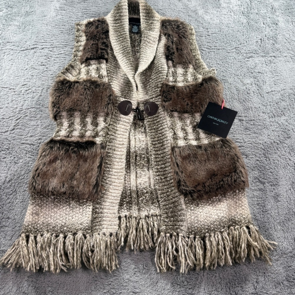 Cynthia Rowley Womens XL Knit Faux Fur Toggle Vest Brown Cream Fringe Boho NWT
